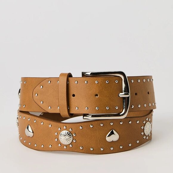 Studded Camel Faux Leather Belt - Large - Picture 2 of 8